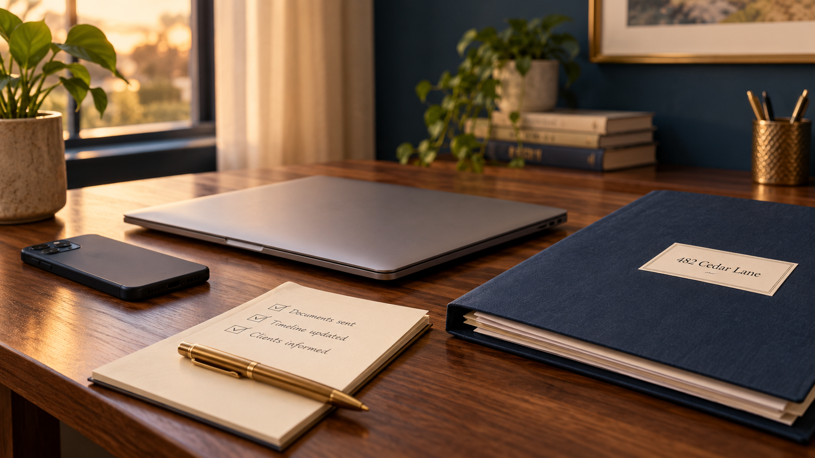 Organized real estate transaction file with a completed checklist: documents sent, timeline updated, clients informed